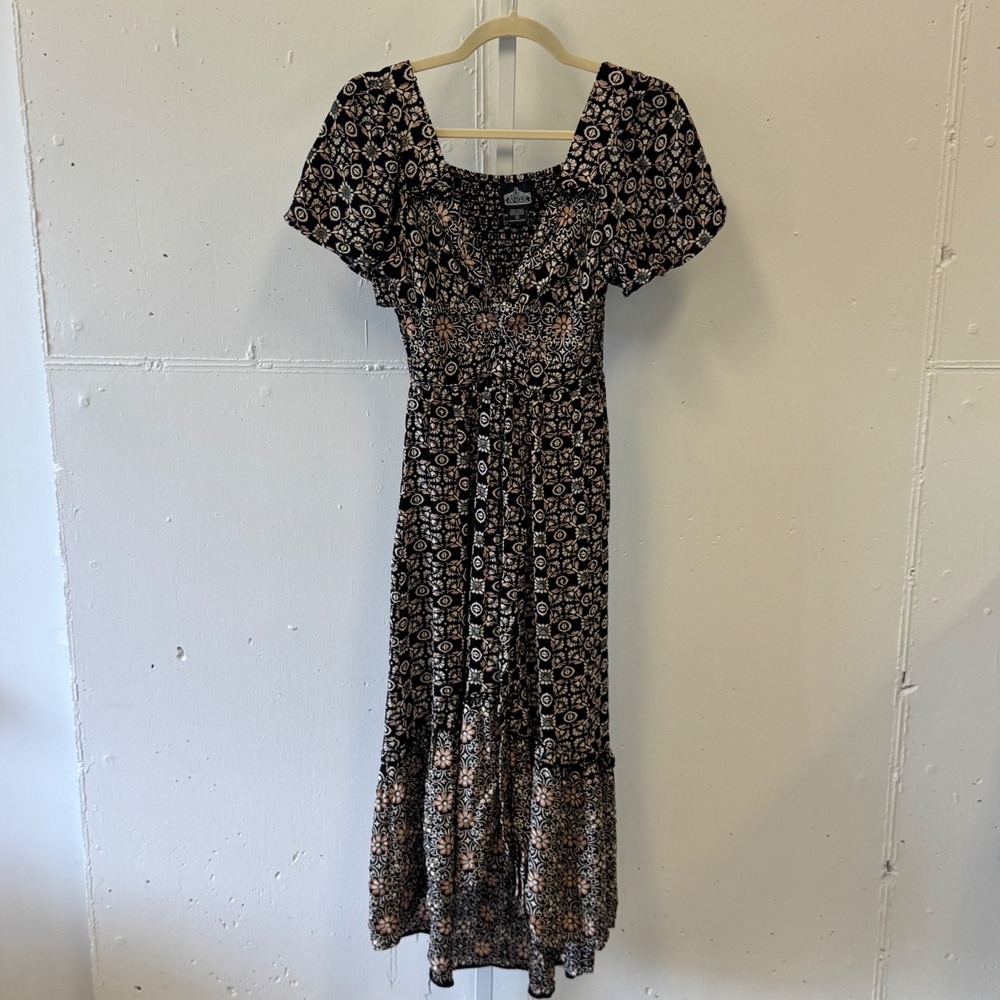 Angie Boho Floral Smocked High Low Midi Dress Black Pink Small Cottagecore